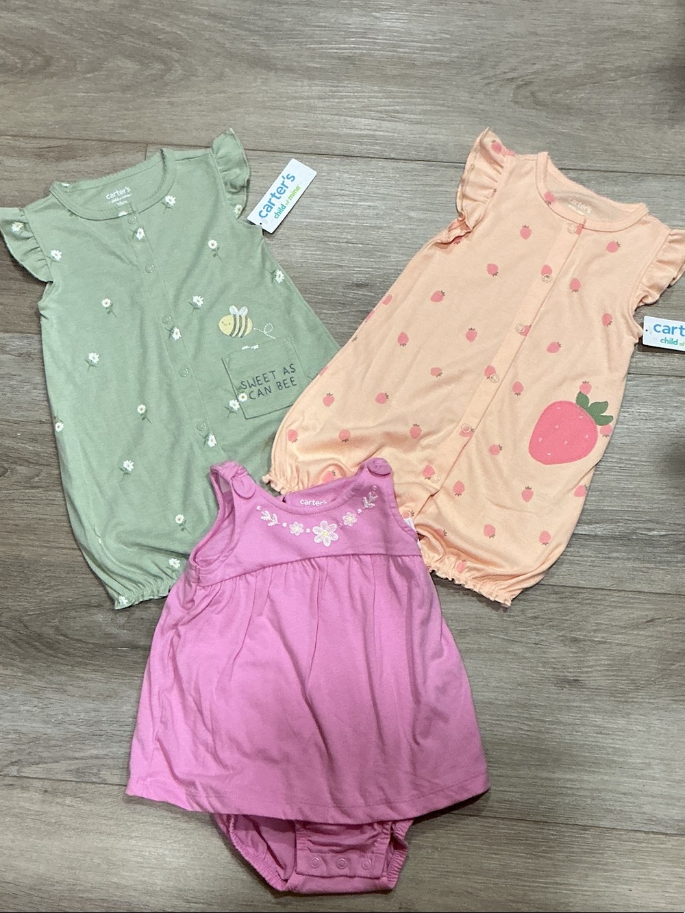 Bundle Carter's Three-Piece Baby Romper Set - Green, Peach, Pink